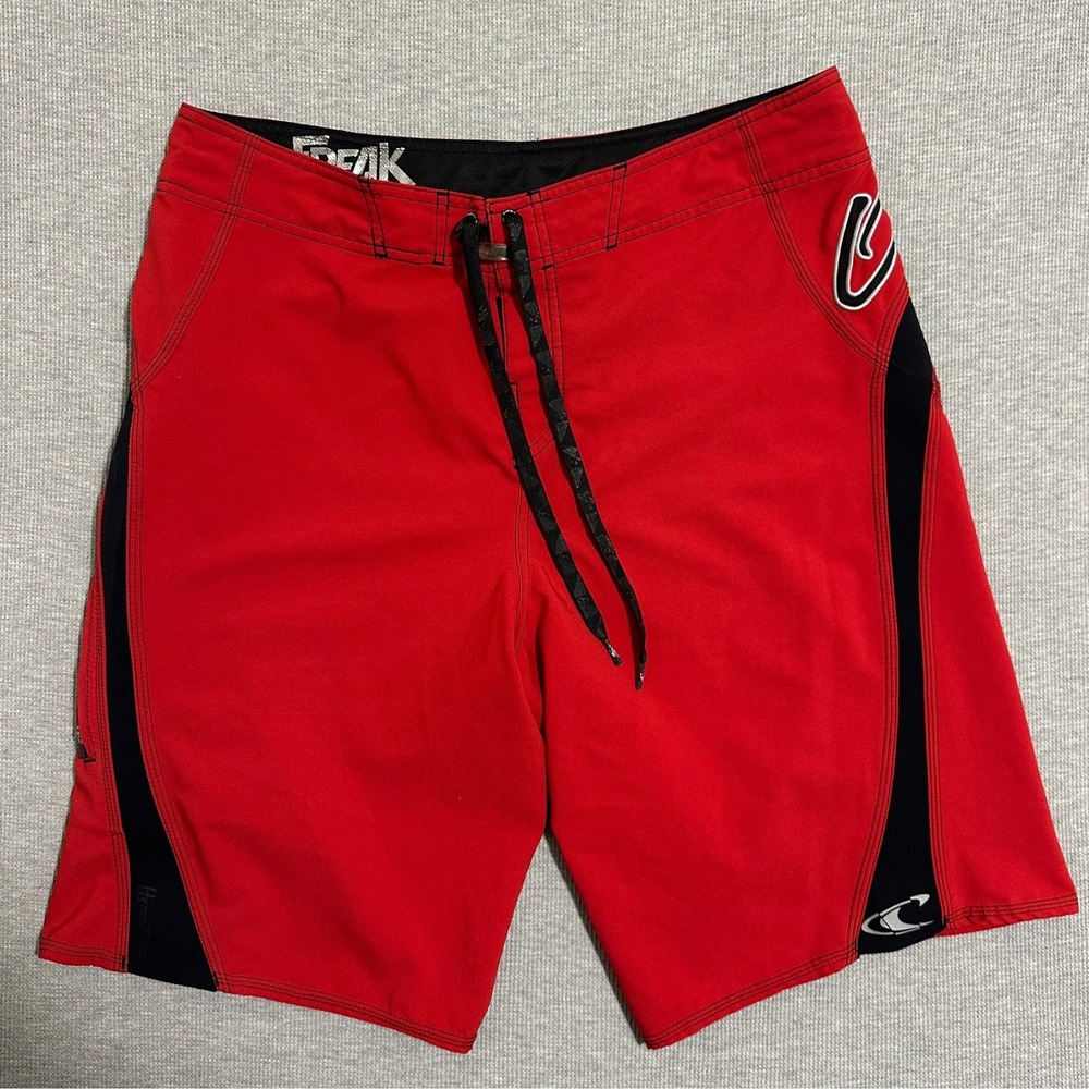 ONeill Superfreak Red Black Board Shorts Flat Front Stretch Mens Size 34